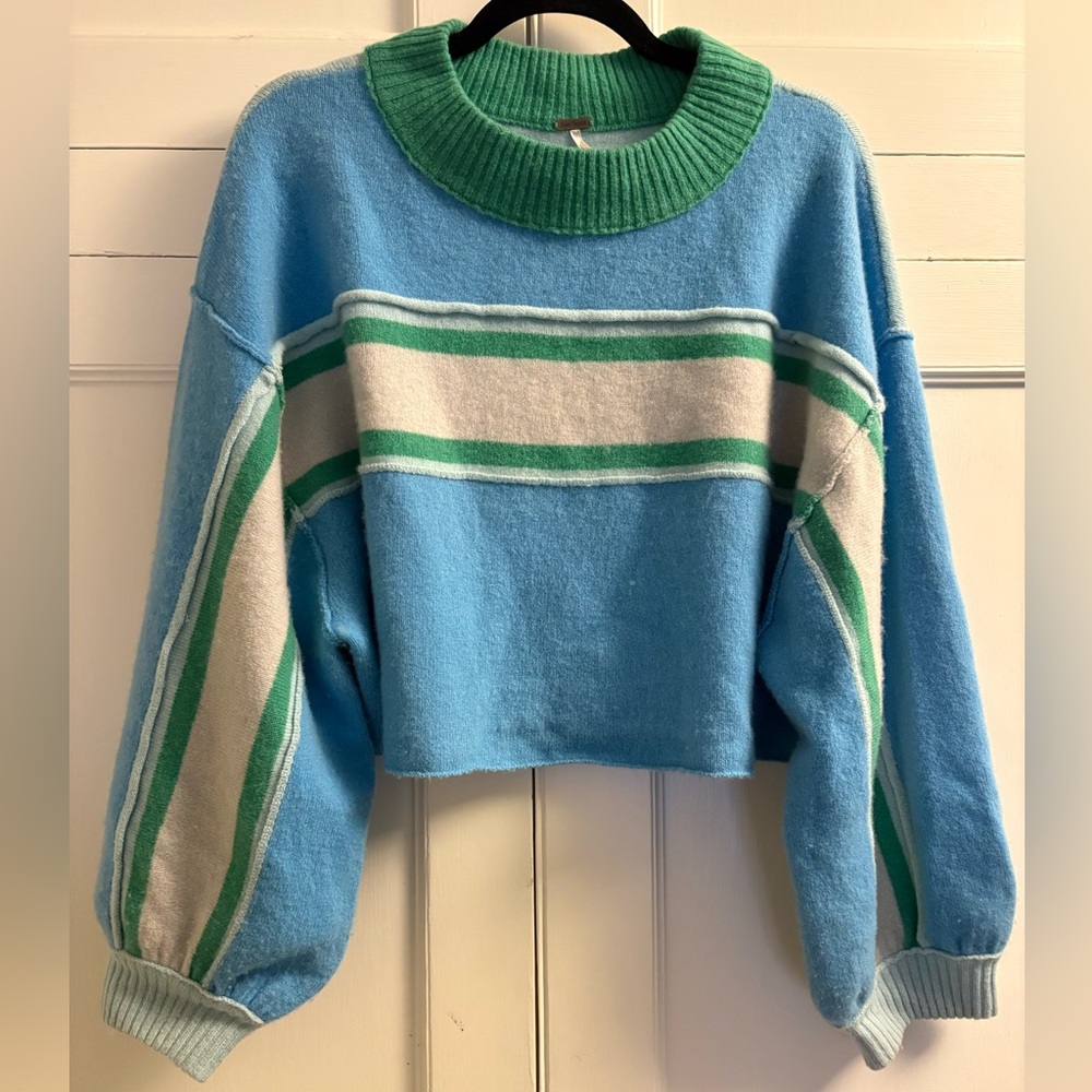 Free People Cropped Blue Stripe Crewneck Cashmere Sweater with Green Accents